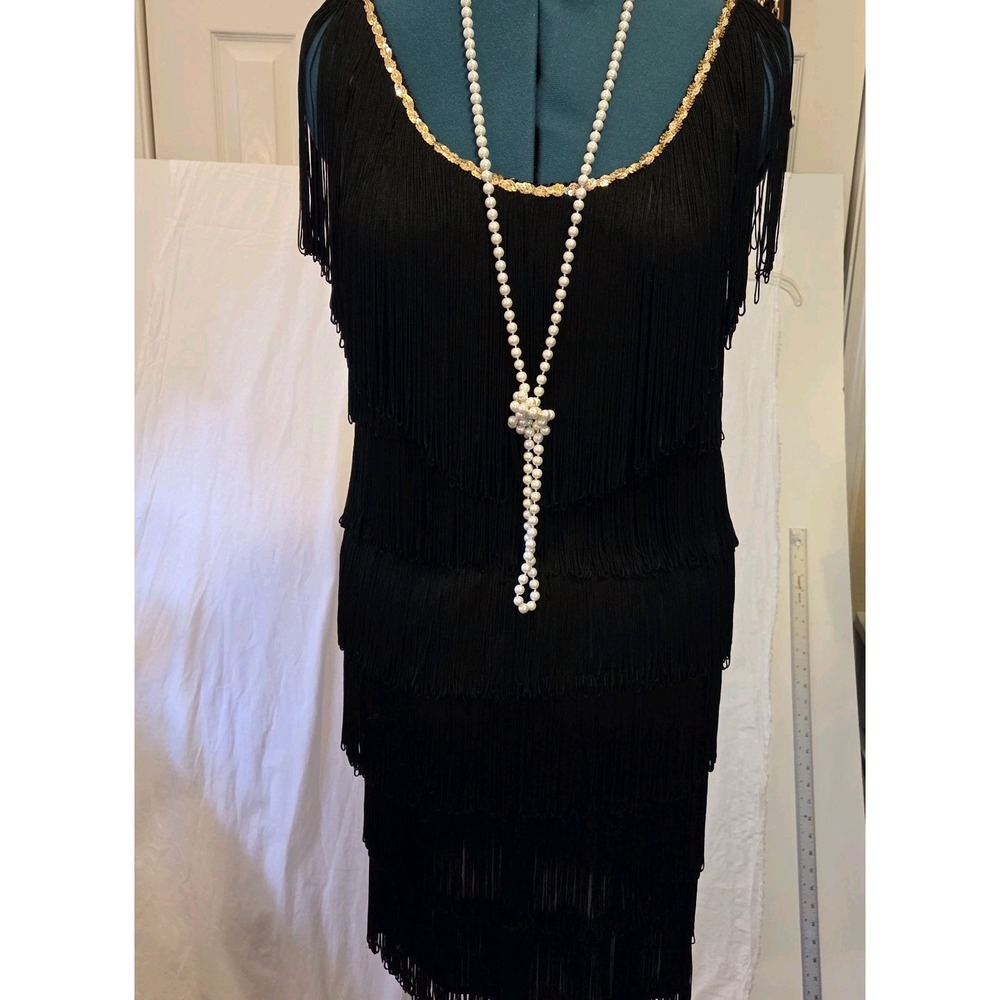 Charades Flapper Halloween Costume Black Fringe Gold‎ Sequin Trim Sz L  W/beads